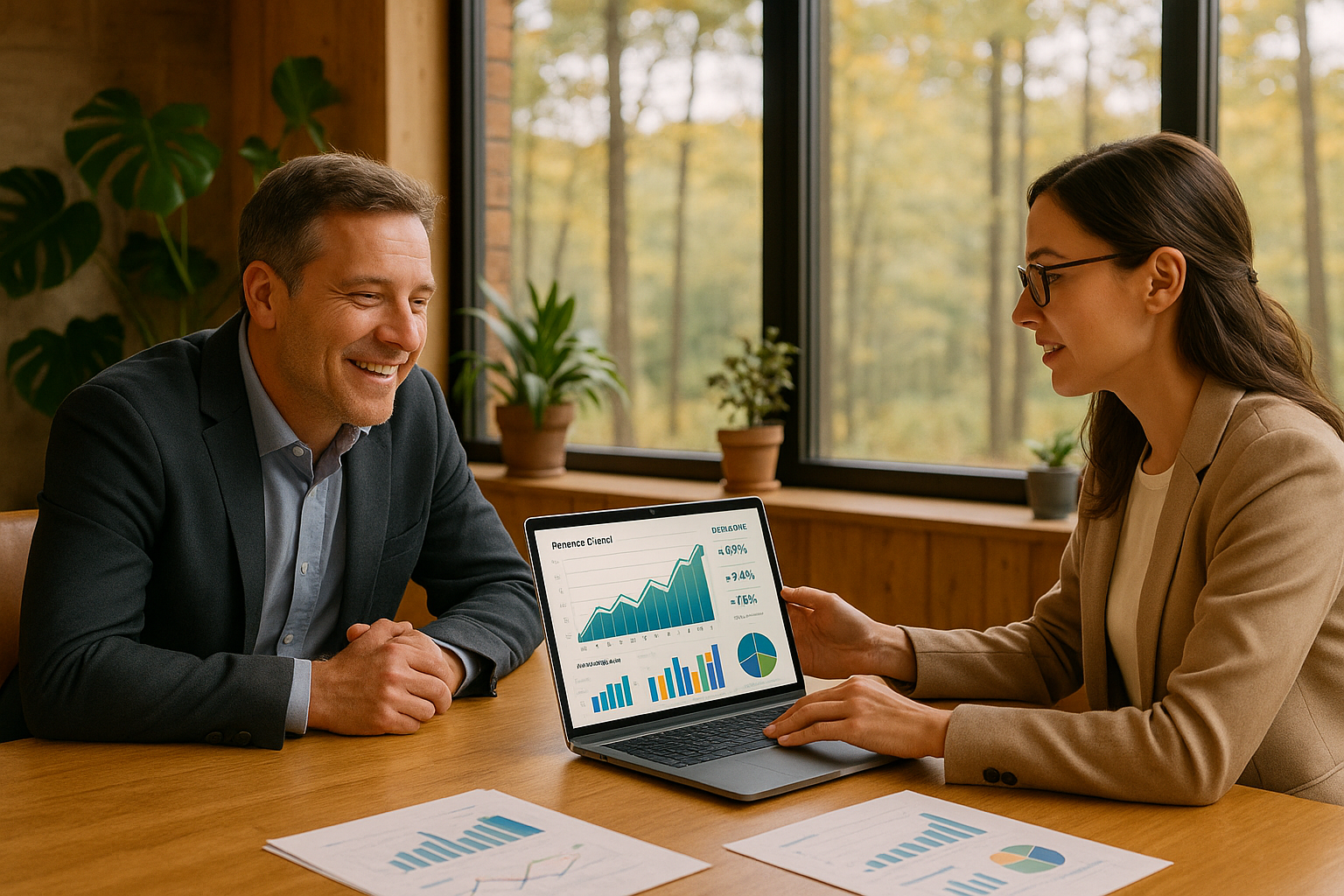 In a cozy minimalist natural boardroom adorned with indoor plants and large windows that offer a panoramic view of the Midwestern forest The CEO a middleaged man in a casual suit leans forward attentively at the polished oak table happy with what he-1