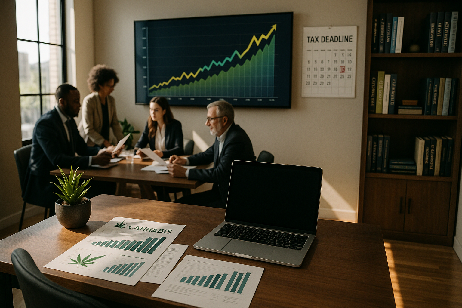 The image features a modern home office space with a sleek minimalist design A large wooden desk sits in the foreground adorned with a laptop financial documents and a potted plant Behind the desk a wallmounted screen displays a colorful graph illust